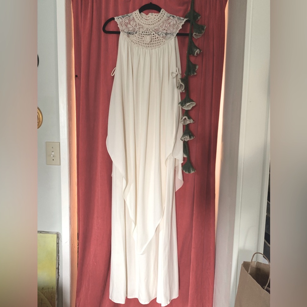Vintage 1970’s draping polyester cream gown crocheted neck